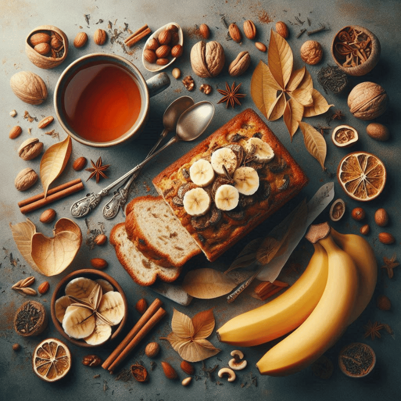 A captivating image showcasing the cozy essence of our Banana Nut Bread tea blend. Incorporate warm tones and elements like bananas, nuts, and cinnamon to evoke the comforting aroma and taste. 
